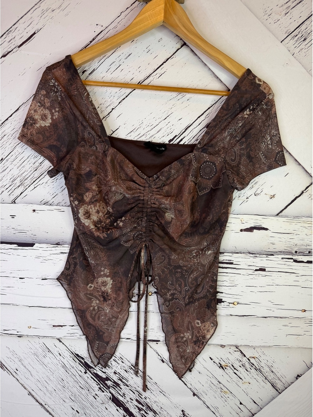 Mixed Threads Grunge Fairycore Y2K Floral Paisley Mesh Ruched Handkerchief Top M